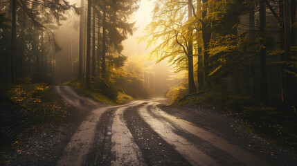 A mystical crossroads splitting into two paths in an enchanted forest, golden light through ancient trees. Choices and mystery in a magical woodland.
