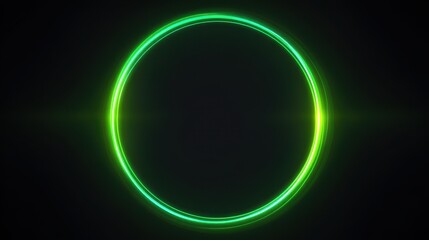 Obraz premium Stunning photo of green neon frame in shape of circle,consisting of several lines glowing with laser light on dark background,top view, web design concept,technology.