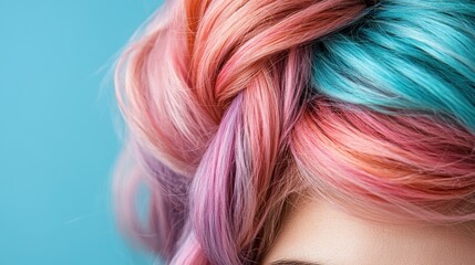 Naklejka premium A stunning view of beautifully styled pastel hair incorporating shades of pink and blue, showcasing contemporary hair fashion trends with a touch of artistic flair and creativity.