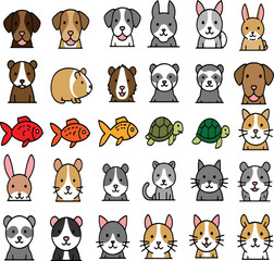 Cute Cartoon Animal Icon Set – Adorable Pet Face Collection in Flat Style