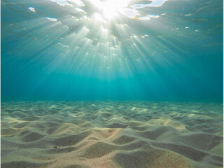 Underwater Ocean Scene – Sunlight Rays Over Sandy Sea Floor in Clear Turquoise Water