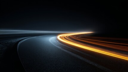 curved motion streak with blue trail and glowing line across the dark road, as the laser beam breaks into light and a bright tail forms the main moving line