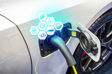 Power cable pump plug in charging power to electric vehicle EV car.