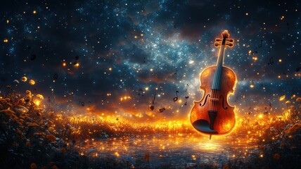 Ethereal Violin in Fantasy Landscape with Glowing Flowers and Cosmic Sky glowing fantasy ethereal