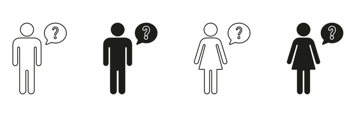 Male And Female Question Mark Speech Bubble Icon Set. Communication, Inquiry, And Curiosity Outline And Silhouette Symbol Collection. Human Interaction And Dialogue. Isolated Vector Illustration