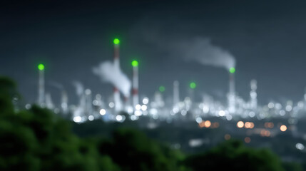 Blurred image of industrial power plant night with smoke stacks emitting smoke and green lights top, surrounded by greenery foreground, illustrating pollution and energy production concerns