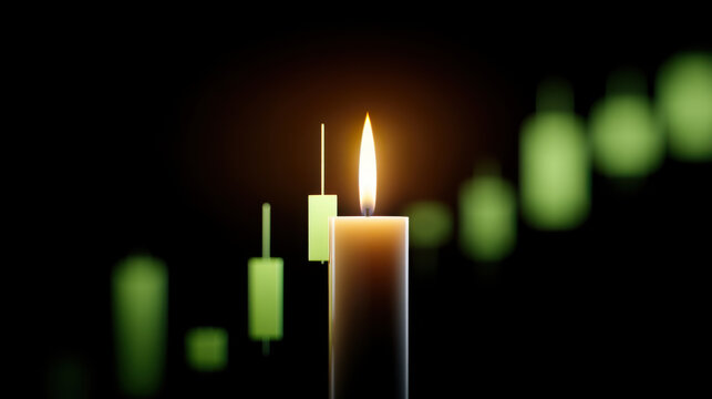 Lit candle with glowing flame is positioned in front of blurred green candlestick chart, symbolizing hope or focus amidst financial or market analysis