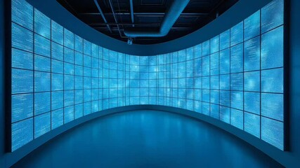 Futuristic curved screen wall with high tech blue digital interface visuals - Powered by Adobe