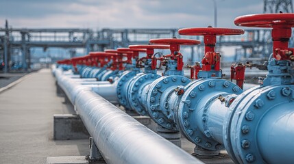 Stunning photo of industrial gas pipeline system at energy station. Metallic blue pipes with red valves transport natural resources. Steel tubes supply gas for power, industry.