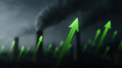 Image shows green arrows pointing upward in front of dark industrial background with smoke stacks emitting pollution, symbolizing environmental impact or climate change