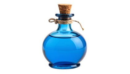 A Vibrant blue Potion Bottle with Cork isolated on solid white background Png format.
