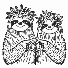 Fototapeta premium sloth couple wear flower crown Curve your hands inward to make a heart gesture. Valentine Love Romance Cupid February Clipart Line Art Vector Illustration. Loving pair of slow beast don.