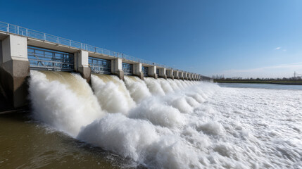 Large dam with multiple gates releasing water into river or reservoir clear blue sky, showcasing power of water flow and hydroelectric infrastructure, evoking sense of energy and natural force