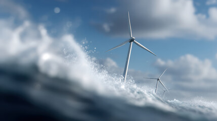 Offshore wind turbines with waves crashing rhythmically in background, capturing dynamic energy of renewable power generation at sea