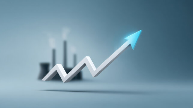 Image shows 3D graph with upward trending arrow, symbolizing growth or increase, with factory silhouettes in background indicating industrial or economic progress