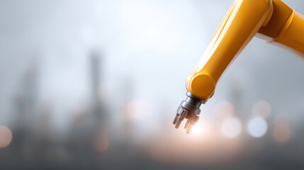 Close up of yellow robotic arm with multi finger gripper, used in industrial automation and manufacturing processes, with blurred background of factory or workshop environment