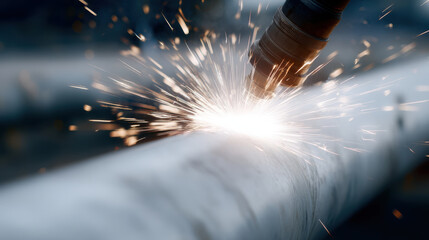 Welding process with sparks flying off metal pipe close up view of welding torch action bright sparks and intense heat industrial setting metalwork craftsmanship manufacturing metal fabrication