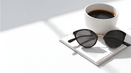 Stylish sunglasses and coffee on a notebook.