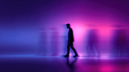 Fototapeta premium A man is walking in a purple room