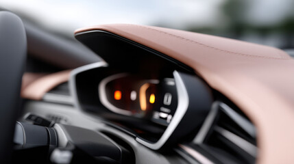 Image shows close up of modern car dashboard with illuminated warning lights and digital display, highlighting vehicle interior design and alert system, conveying sense of technology and safety