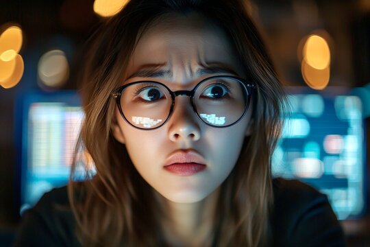 Data visualization reflections in her glasses. Idea of female computer techie, computer technologies. Ai engineer at work. Background is a dark room with hosts. Woman shocked by ai results. - Powered by Adobe