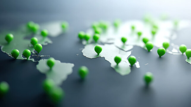 World map with green location pins marking various countries and continents, representing global connectivity and international presence, with focus on travel, communication, or global business