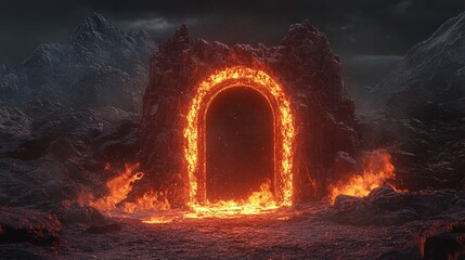 fiery portal surrounded by glowing flames and rocky terrain creates mystical atmosphere