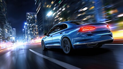 Stunning photo of modern shiny blue car on street night city, back side view. car racing on track, leaving neon trail of lights from back.