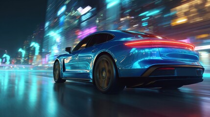 Stunning photo of modern shiny blue car on street night city, back side view. car racing on track, leaving neon trail of lights from back.