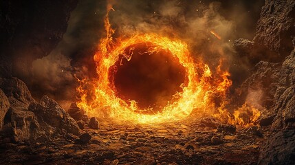 fiery portal surrounded by glowing flames and rocky terrain creates mystical atmosphere