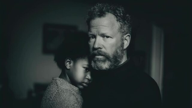 Caucasian man comforting African American child in dark room. Emotional support and protection concept. Father and son bonding. Night vision camera effect.