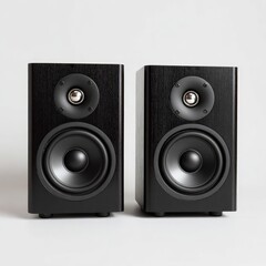 Pair of black, modern speakers.  Compact, high-quality audio components, perfect for home use.  Stylish design, ideal for a clean aesthetic