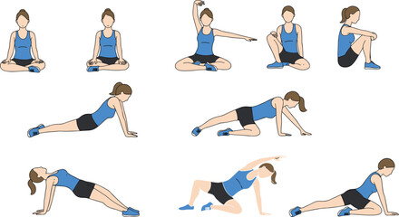 Comprehensive Fitness Exercises: Essential Moves for Strength, Flexibility, and Core Training at Home flat vector illustration