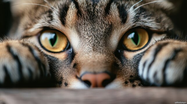 An intimate and focused shot of a cat laying low, showcasing its captivating amber eyes and thoughts, invoking a feeling of curiosity and intrigue in its expression.