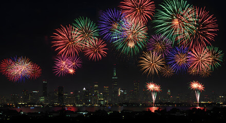 Close-up of fireworks bursting against a dark sky in a vibrant 4th of July celebration scene