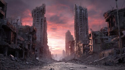 Fototapeta premium Stunning photo of post-apocalyptic ruined city. Destroyed buildings, destroyed roads, blown up skyscrapers. The concept of the apocalypse.