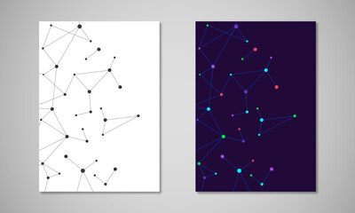 Vector template for brochure or cover with molecular structure background and connected lines and dots. Medicine, science and digital technology concept