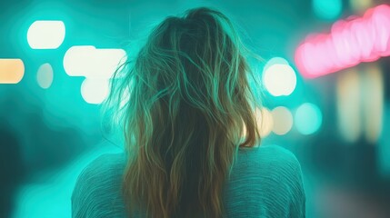 A captivating image of a woman’s messy hair, set against a backdrop of colorful bokeh lights that create an ethereal and dreamy ambiance full of emotion and style.