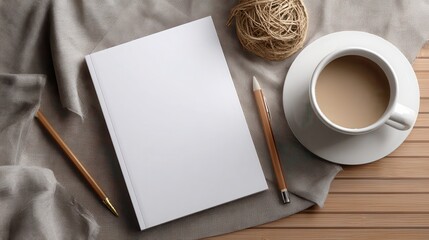 Stunning photo of realistic photograph of a thin 8.5 x 11 book mock up on tabketop with pen, pencil, coffee with no spine showing with backgrounds.