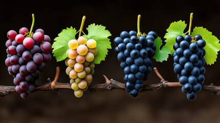 Variety of grapes displayed on vine with green leaves