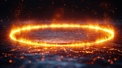 Magical glowing circle with sparks hovering over dark surface