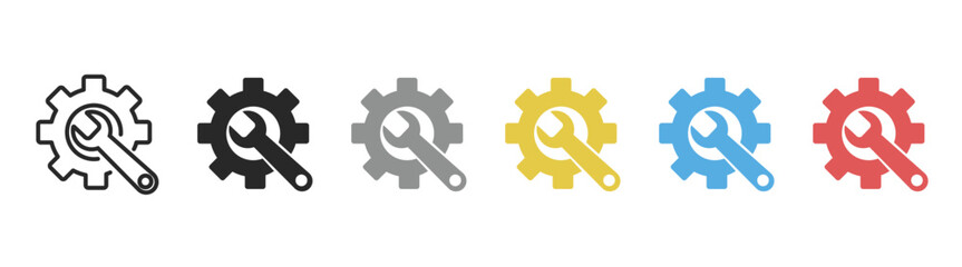 Maintenance icon set, tool and service icons. Wrench and gear cogwheel icons set