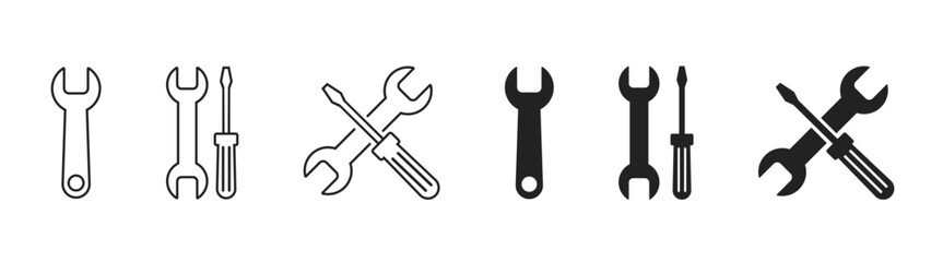 Tools and service icons set. Repair tools icon set including wrench, gear, screwdriver. Editable stroke. Vector