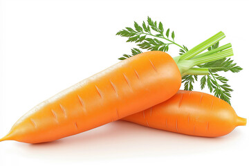 Fresh orange carrots with green tops on a white background