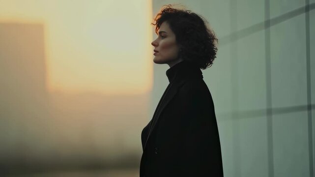 Woman with curly hair in profile against window at sunset. Silhouette of thoughtful female looking outside. Pensive mood, self-reflection concept. Soft light.
