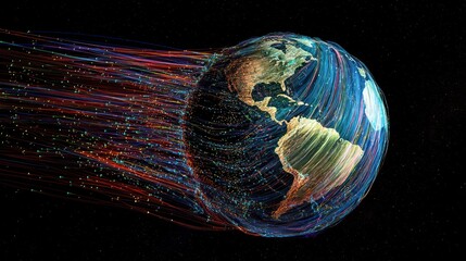 Stylized earth with data streams visual representation of global technology