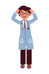 Doctor character showing shock expression with hands on head in medical environment. Vector illustration in flat style isolated on white background.