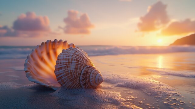 Golden Sunset Beach with Seashell beach seashell sunset sea shell ocean sea sunrise golden hour calm