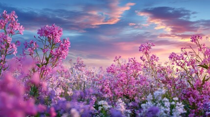 Stunning photo of summer flower meadow wildflower field pink with morning sunlight, Idyllic spring background with blossoming lilac bushes flowers and pink wildflowers on.