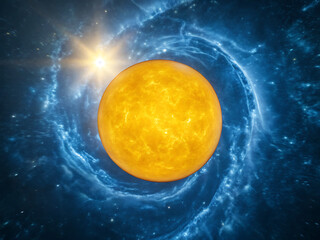 Radiant yellow sun glowing in a cosmic space with blue stars – Sol amarillo radiante brillando en un espacio cósmico con estrellas azules.

